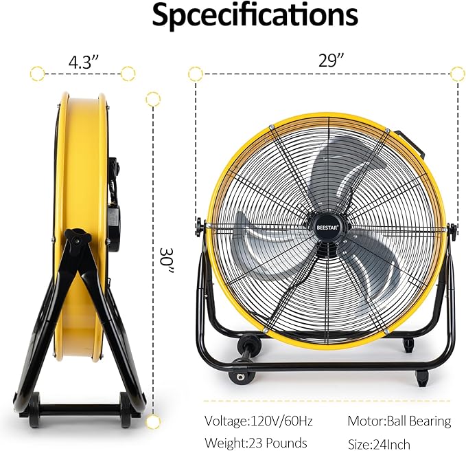 BEESTAR 24 Inch Industrial Drum Fan, High Velocity Heavy Duty Metal Fan 8800CFM 3 Speed 360° Tilt 1/3HP Motor Larg for Garage,Warehouse,Greenhouse,Shop,Workship,Basement (24 INCH)