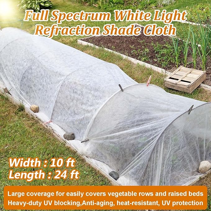 Plant Sun Protection Cloth, 10 x 24 Ft Non-Woven Garden Shade Cloth Cover White Refraction Sunshade Fabric Blanket Outdoor Bug Netting Sun Block for Protecting Vegetable Seedling from Direct Sunlight