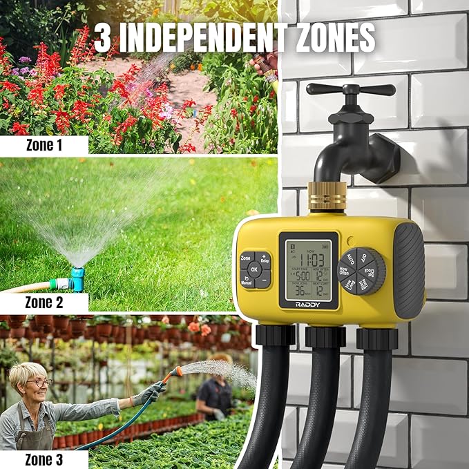 Raddy WS-8 Sprinkler Timer 3 Zone, Heavy-Duty Outdoor Irrigation Controller with Manual Watering, Rain Delay, High-Pressure 6V Valve, Fully Waterproof for Garden Yard, Yellow