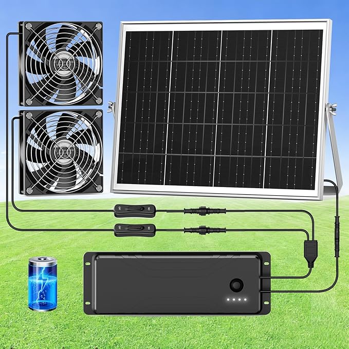 Solar Fan with Battery, 5.5" Solar Fan for Greenhouse & Chicken Coop, Rechargeable Solar Fans for Outside, Solar Powered Exhuast Fans for Outdoor Doghouse Shed Circulation Ventilation Cooling
