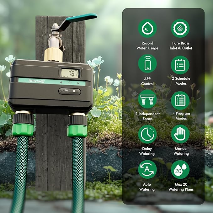 RESTMO 2 Zone Smart Sprinkler Hose Timer with Flow Meter, Brass Water Timer for Garden Hose with APP Remote Control (2.4GHz WiFi Connection), Automatic Drip Irrigation System for Lawn, Yard