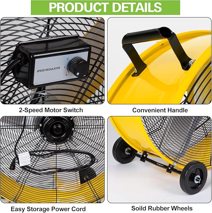 hykolity 30in. 2-Speed 13000 CFM High Velocity Drum Fan, Heavy Duty Industrial Shop Fan for Factory, Warehouse, Garage, Workshop, Commercial, and Basement, UL Listed, Yellow