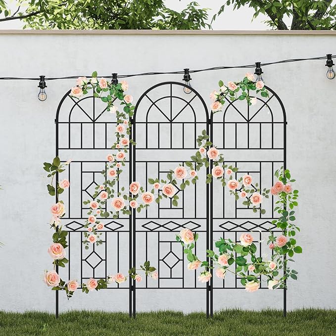 Garden Trellis for Climbing Plants, 3 Pack 38"Wx 64.6"H Rustproof Flower Trellis with Black Coating, Outdoor Climbing Rose Trellis Cucumbers Support for Courtyards Lawns (Black-Linear Shape, 3 Pieces)