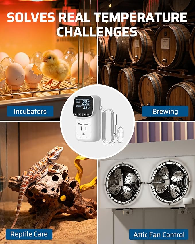 DEWENWILS Smart WiFi Temperature Controller, 15A 1800W Thermostat Controlled Outlet Plug, Bluetooth APP Remote Control, 24 Hour Schedule Timer, for Greenhouses, Incubators, Brewing, Reptiles, Garages