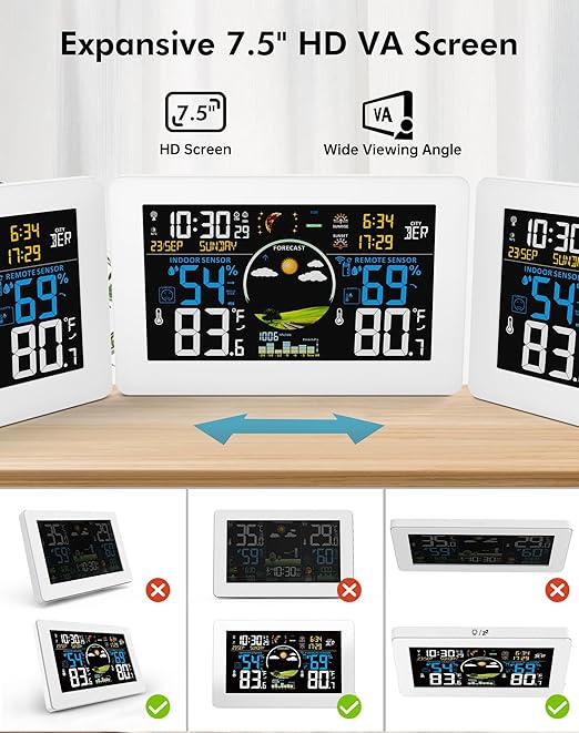 Weather Station Wireless Indoor Outdoor Thermometer, 7.5" VA Display with Remote Sensor, Home Weather Station with Weather Forecast, Temperature, Humidity, Atomic Clock, White