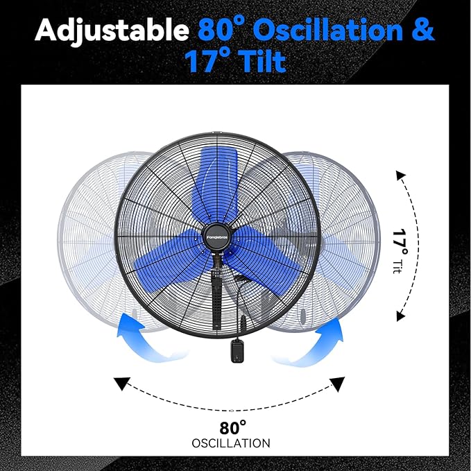 Pro 24" Industrial Wall Mount Fan, 9500 CFM High Velocity Metal Wall Fan, IP44 Waterproof Oscillating 3-Speed Outdoor Commercial Fan for Garage, Warehouse, Patio, Workshop