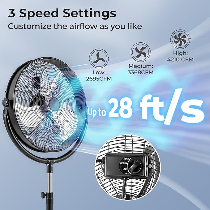 ARLIME 20" High Velocity Pedestal Fan, Industrial Oscillating Standing Fan w/3 Speeds, 360° Tilt & Adjustable Height, Heavy Duty Metal Floor Fan for Commercial, Garage, Workshop, Warehouse (20 Inch)