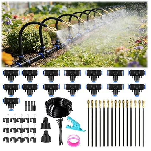 Drip Irrigation System, 50FT 1/4" Garden Watering for Outdoor Plants & Raised Beds, 15pcs Upgraded Brass Nozzles 360° Adjustable Misting Kit, UV-Resistant Tubing for Greenhouse, Lawn & Patio Cooling