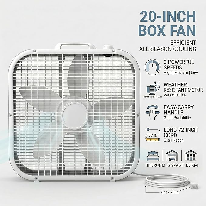 20-Inch Box Fan with Weather-Resistant Motor, 3-Speed Floor and Window Cooling Fan with Plastic Frame, Portable Carry Handle, 72-Inch Cord for Bedroom, Garage, Dorm, White