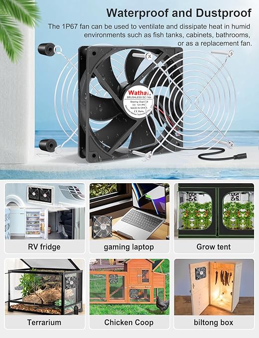 Wathai 120mm x 25mm Waterproof Small Box Fan IP67 12V Computer Fan with AC Plug Speed Controller 110v 120v 220v 240v for Biltong Box, Grow Tent, Terrarium, Aquarium, Greenhouse Cooling