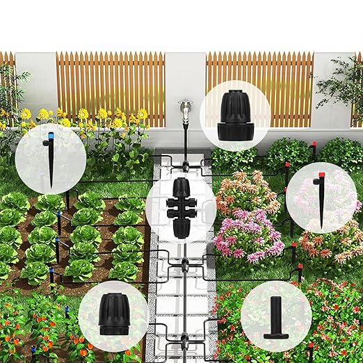 Drip Irrigation System, 120ft Garden Watering System with Quick-to-Connect Fittings, Drip Irrigation Kit with 1/2 in Hose 1/4 in Distribution Tubing for Garden, Greenhouse, Flower Bed, Lawn