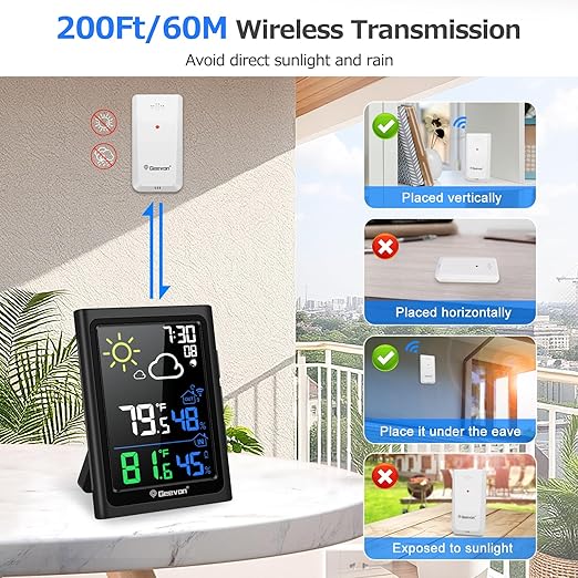 Geevon Indoor Outdoor Thermometer Wireless Weather Station with Color Display, Digital Hygrometer Temperature Humidity Monitor with Alarm Clock and Backlight
