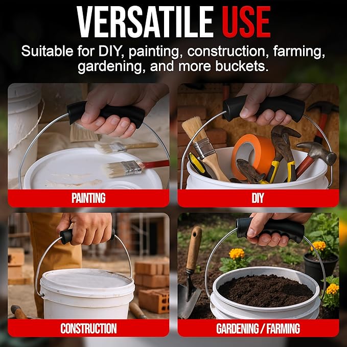 USA-Made Bucket Grip for 1-5 Gallon Buckets, Ergonomic, Durable Handle Grip for Heavy-Duty Buckets | Easy to Install, Comfortable for Gardening, Construction, DIY | Fits 5 Gal Handles - Pack of 12