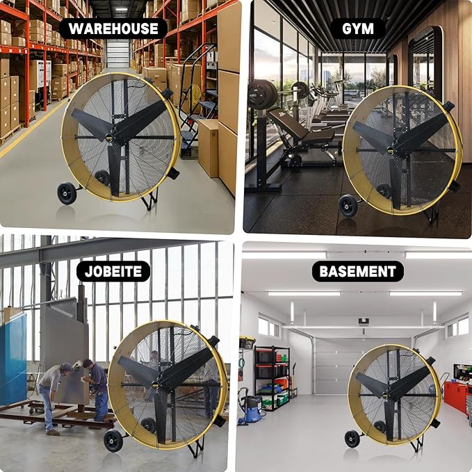 HiCFM 42" Industrial Drum Fan 28000 CFM with 8” Wheels High Velocity 2-Speed Heavy Duty Metal Floor Fan for Warehouses, Shops, Greenhouses, Barns, Gyms