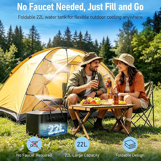 Bonviee Portable Misters for Outside Patio – Outdoor Misting System with Cordless 6000mAh Water Pump, 22L Bucket Tank, 36FT Hose with 8 Nozzles for Patio, Umbrella, Greenhouse, Camping