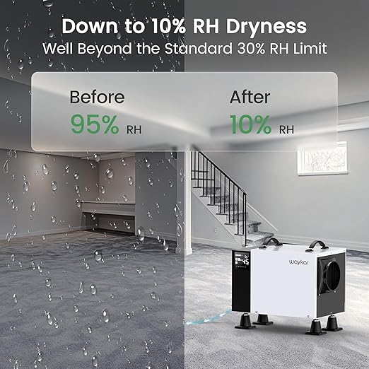 Waykar 125 Pint Crawl Space Dehumidifier with Pump and Drain Hose for commercial, Basements, and Water Damage Unit for Spaces up to 6500 Square Feet, Smart Humidity Control - 5-Year Quality Coverage
