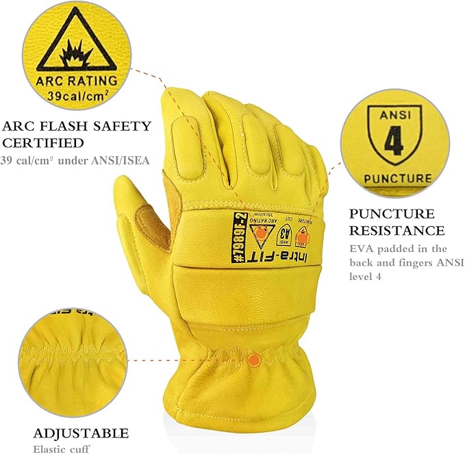 ARC FLASH Safety Gloves, Cut-Resistant Goat Skin with Para-Aramid Liner for Work, Handling, Driving