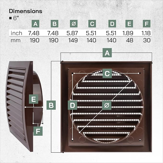 Vent Systems 6'' Inch Brown Vent Cover - Plastic Louvered Dryer Cover for Bathroom, Kitchen, Garage Exhaust Vents - Exhaust/Supply Air Register Grille for Home Improvement - Indoor and Outdoor