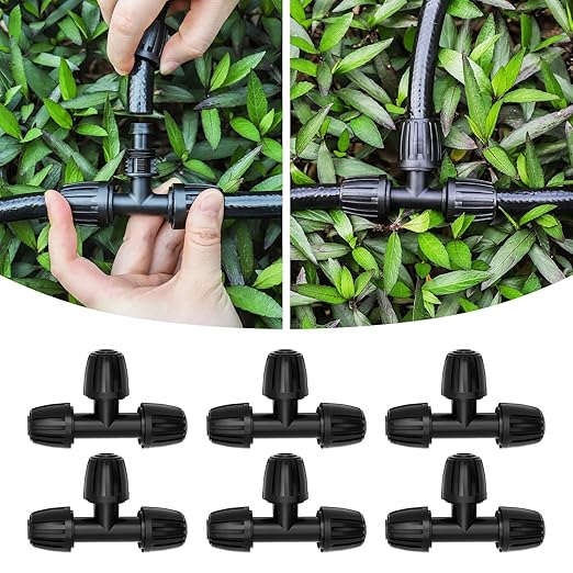 MIXC 1/2 Inch Drip Irrigation Tee Fittings, Drip Line Barbed Locked Tee Connectors, Anti-Leak 3 Way Irrigation Parts for 1/2 Inch Drip Irrigation Tubing System Connection 6 Pack