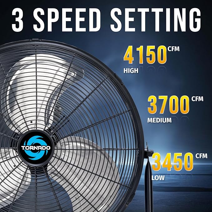 Tornado 18 Inch High Velocity Metal Floor Fan, 3-Speed Powerful Cooling for Industrial, Commercial, and Home Spaces, 120°Tilt, 6.0 FT Cord - UL safety Listed, Black