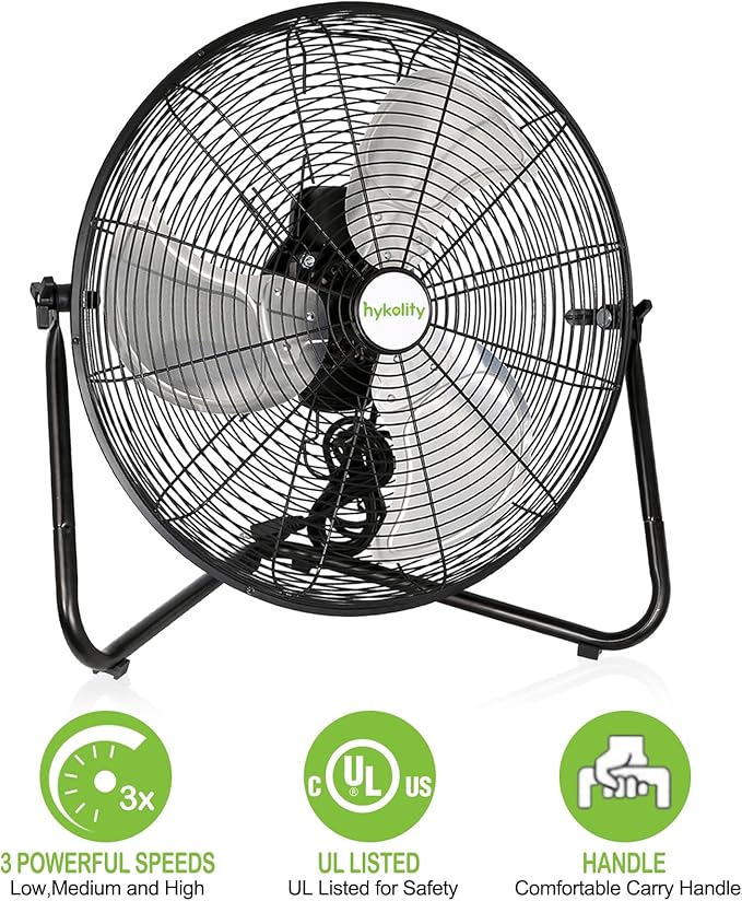hykolity 20" High Velocity Floor Fan, 3-Speed 4650 CFM Heavy Duty Industrial Metal Shop Fan with Wall-Mounting System, Ideal for Commercial, Garage, Greenhouse and Gym