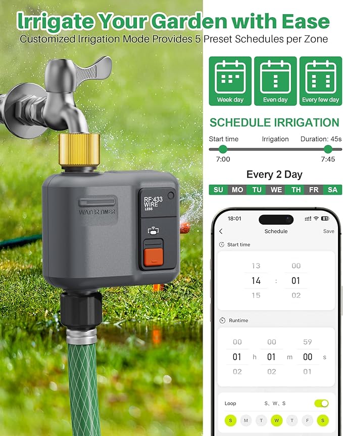 WiFi Sprinkler Timer 1 Zone with 984 Feet RF Gateway, 1 Outlet Dark Gray-Brass Inlet Smart Water Timer for Garden Hose with Rain Delay/Manual/Automatic,WiFi Water Timers for Garden