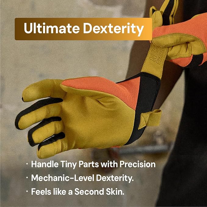DEX FIT MG210P Mechanic Work Gloves, Waterproof Cowhide Leather Palm, Breathable Mesh Back, 3D Ergonomic Fit for Auto Repair, Construction, Gardening; Gold/Black S 1 Pair