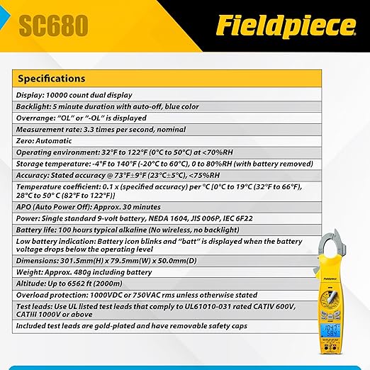 Fieldpiece SC680 Clamp Meter - Wireless Power Multitester for HVACR Professionals - AC/DC Swivel Clamp Meter with Dual Display - HVAC Tools