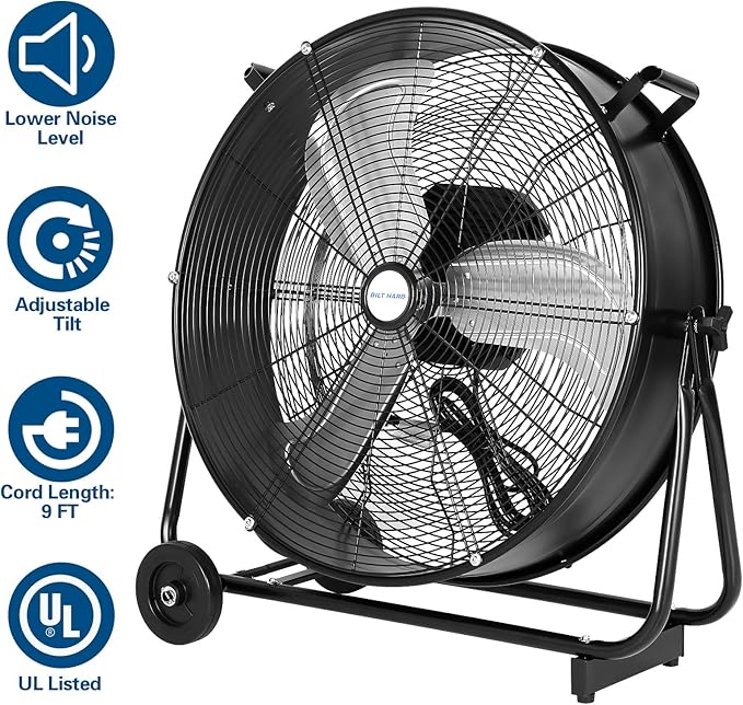 BILT HARD 24" Ultra Quiet Variable Speed High Velocity Drum Fan, DC Motor, 7800 CFM Industrial Heavy Duty Shop Fan for Warehouse, Workshops, Garage, Factory, UL Safety Listed