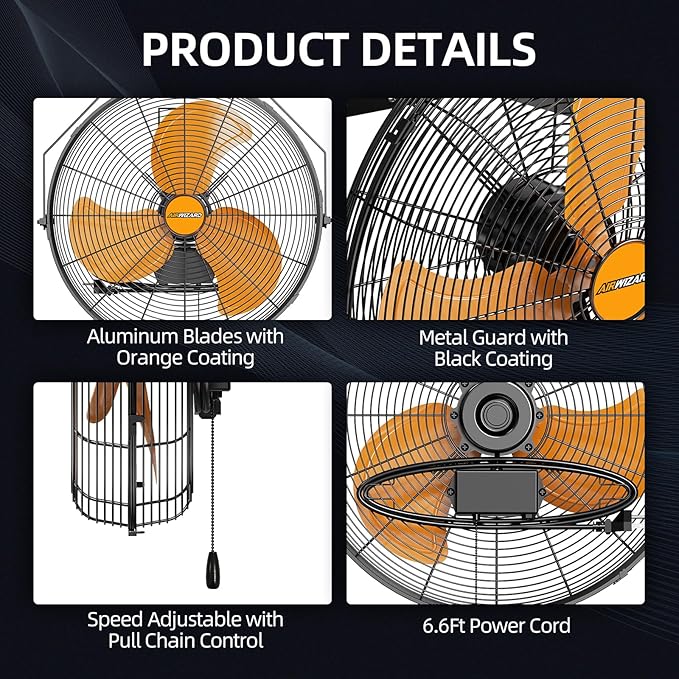 18 inch Industrial Wall-Mount Fan, 4250 CFM High Velocity Metal Commercial Fan, 3 Speed, Adjustable Tilt, for Garage, Greenhouse, Covered Patio, Workshop, Gym Room, Basement