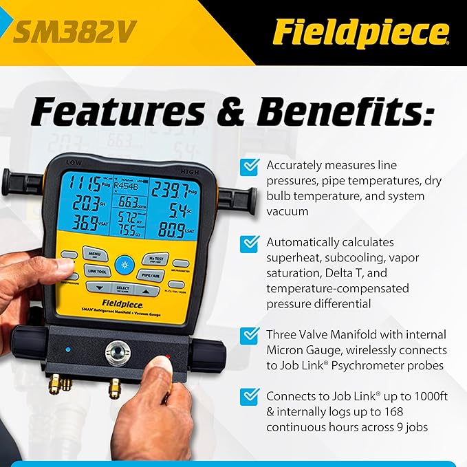 Fieldpiece SM382V Wireless 3-Port SMAN Refrigerant Manifold with Vacuum Gauge – Digital Gauges for HVAC & Refrigeration