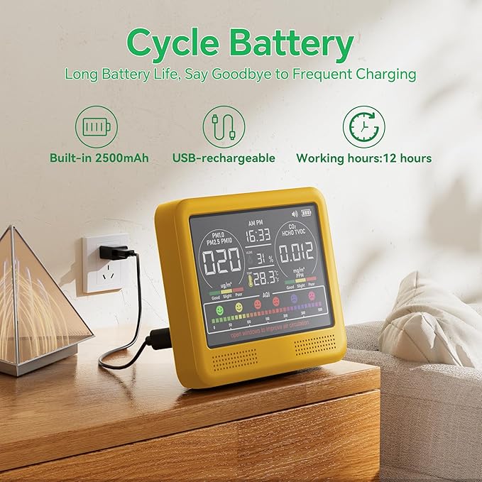 16-in-1 Indoor Air Quality Monitor with PM1.0,PM2.5,PM10,CO2,HCHO,TVOC,Temperature,Humidity,Time Display &7 AQI Alarms – Professional Air Quality Tester for Home, Office & Indoor Use (Bright Yellow)