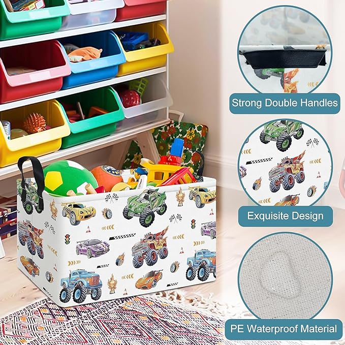 FANKANG Rectangular Monster Truck Basket Storage Bins,Nursery Hamper Canvas Laundry Basket Foldable with Waterproof PE Coating for Kids, Office, Bedroom, Clothes,Toys(Rec-Monster Truck