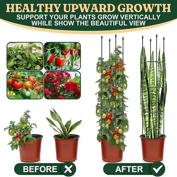 Round Heavy Duty Tomato Cage - 55 Inch Steel Core Plastic Coated Garden Trellis, 4-Post Rustproof Plant Support for Tomato/Cucumber/Beans, No Tools Snap Assembly, Spare Parts Available 4PS