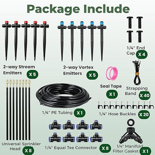 120FT Drip Irrigation System for Garden: Quick Connect PE Tubing Automatic Water Sprinkler Kit Adjustable Misting Part 1/4" Watering Hose for Outdoor Raised Bed Plants Flower Yard Greenhouse