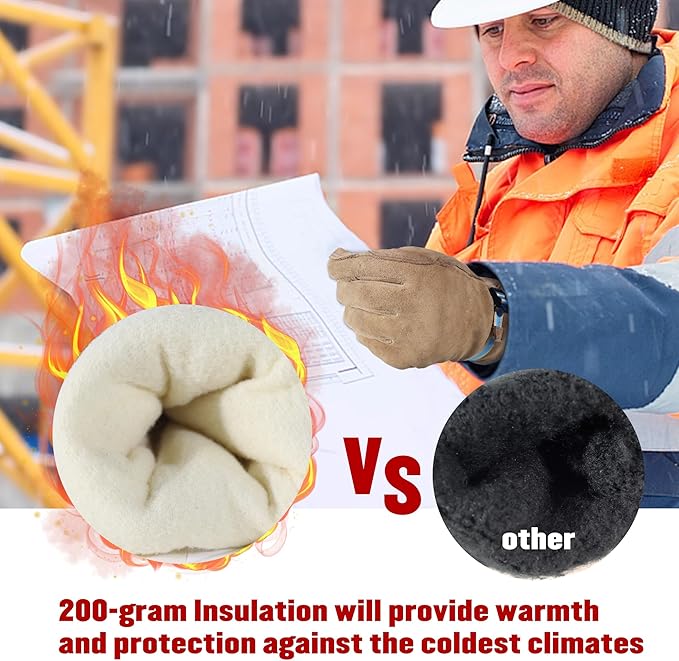 HANDLANDY Winter Work Gloves for Men Women, Water Repellent Cold Weather Insulated Genuine Leather Work Gloves