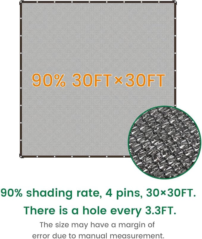 90% 30 X 30 FT Black Shade Cloth, Outdoor Sunblock Shade Cloth with Grommets, Durable Sun Shade Netting Shading Antifreezing for Patio, Garden, Plants Cover, Greenhouse, Barns, Dog Kennel