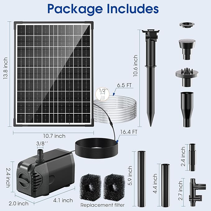 Biling 20W Solar Fountain Pump, 320GPH Submersible Solar Pond Pump with Filtration and Dry Run Protection, 7.5ft Lift, PVC Tubing and Nozzles for DIY Pond Fountain, Waterfall, Outdoor Water Features
