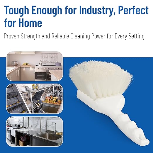 SPARTA Flo-Pac 8" Utility Scrub Brush with 2" Nylon Bristles, Plastic Pistol Grip Handle, Commercial Handheld Cleaning Brush, White
