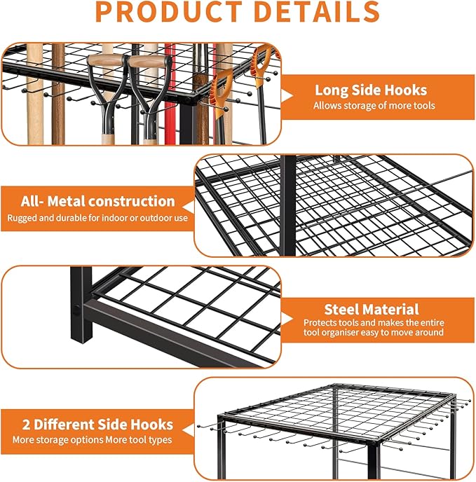 KYBOLT Heavys Duty Garage Tool Organizer Rack - Holds 35+ Rakes, Brooms & Long Tools | Black Steel Yard Tool Tower for Shed/Outdoor | Instant Assembly Space-Saving Storage