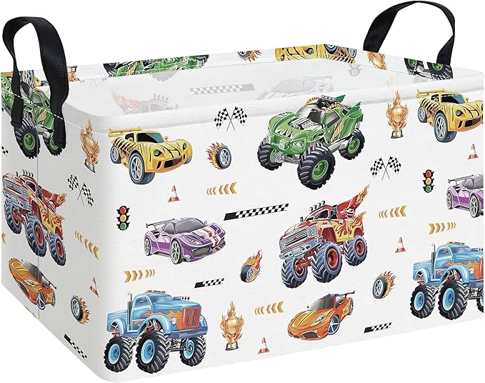 FANKANG Rectangular Monster Truck Basket Storage Bins,Nursery Hamper Canvas Laundry Basket Foldable with Waterproof PE Coating for Kids, Office, Bedroom, Clothes,Toys(Rec-Monster Truck