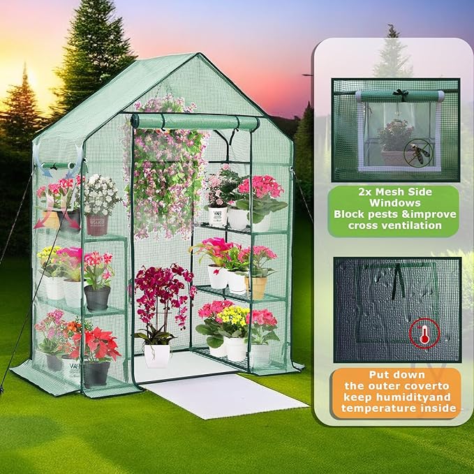 Purlyu Walk-in Greenhouse for Outdoors w/ Mesh Side Windows, 3 Tiers 6 Shelves PE Cover Green House Portable Warm House for Seedling Flowers Growing 20 Pcs T-Type Plant Tags Include (GHW001G)
