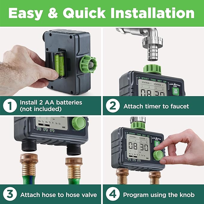 Pine Tree Tools Hose Timer - Programmable Water Timer for Garden, Automatic & Manual Watering System, Outdoor Faucet for Lawn, Garden & Yard, Battery Operated, 2 Outlet Hose Watering