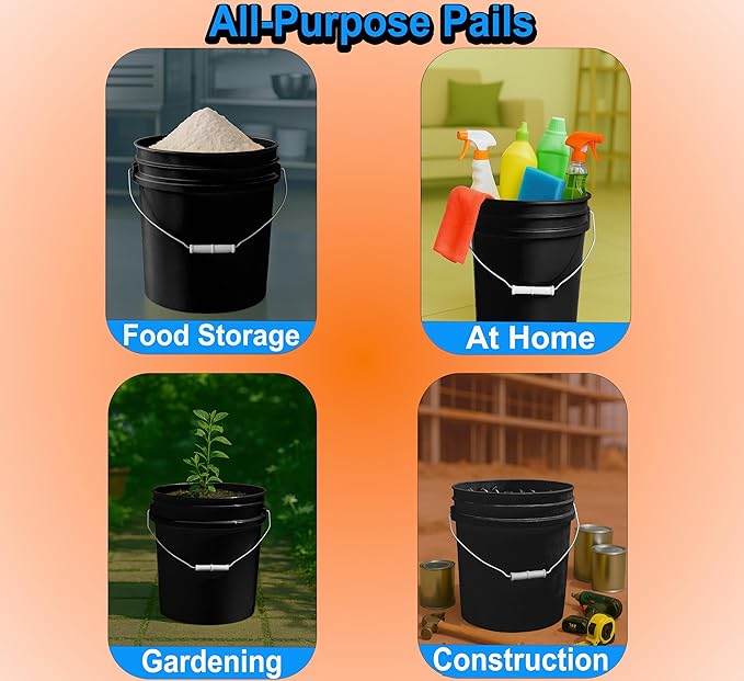 MKS Plastics 5-Gallon Bucket Only – No Lid Included, Made in USA, Food Grade BPA Free Plastic, Heavy Duty Multi-Use, Metal Handle with Grip, Stackable Storage – Black, 3 Pack