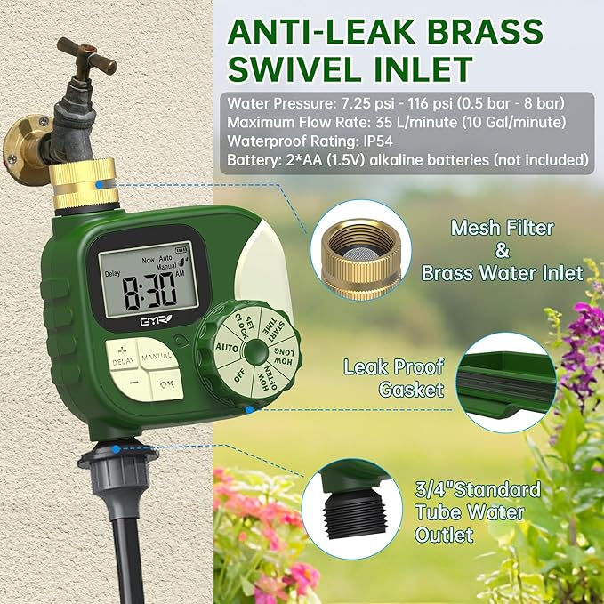 GMR Hose Timer, Water Timer for Garden Hose, Irrigation Timer with 360° Brass Swivel, Waterproof Sprinkler Timers for Automatic Watering System/Manual/Rain Delay, 1 Outlet