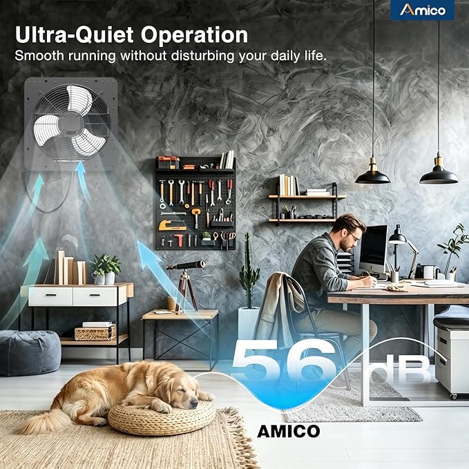 Amico 14 Inch Shutter Exhaust Fan with Thermostat And Humidity Control, 1588 CFM Attic Fan with 8-Speed Auto Adjust, 35W Brushless EC Motor Vent Fan for Greenhouse, Garage,Chicken Coop,Gable Wall Vent