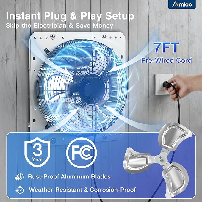 Amico 14 Inch Shutter Exhaust Fan with Remote,Energy Efficient &Quiet 35W EC Motor 1600 CFM Wall Mount Ventilation Fan for Garage,Greenhouse,Attic&Chicken Coop,9-Speed Adjustable,Plug In,Timer,FCC