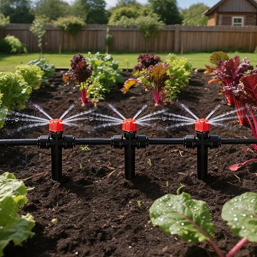 RedChili 10 Pieces Quick Connect Drip Emitters for 1/4" Drip Irrigation Tubing, Adjustable 360 Degree Stream Emitters with Stake Two Way Full Circle 8 Hole Stream Drippers for Garden Watering System