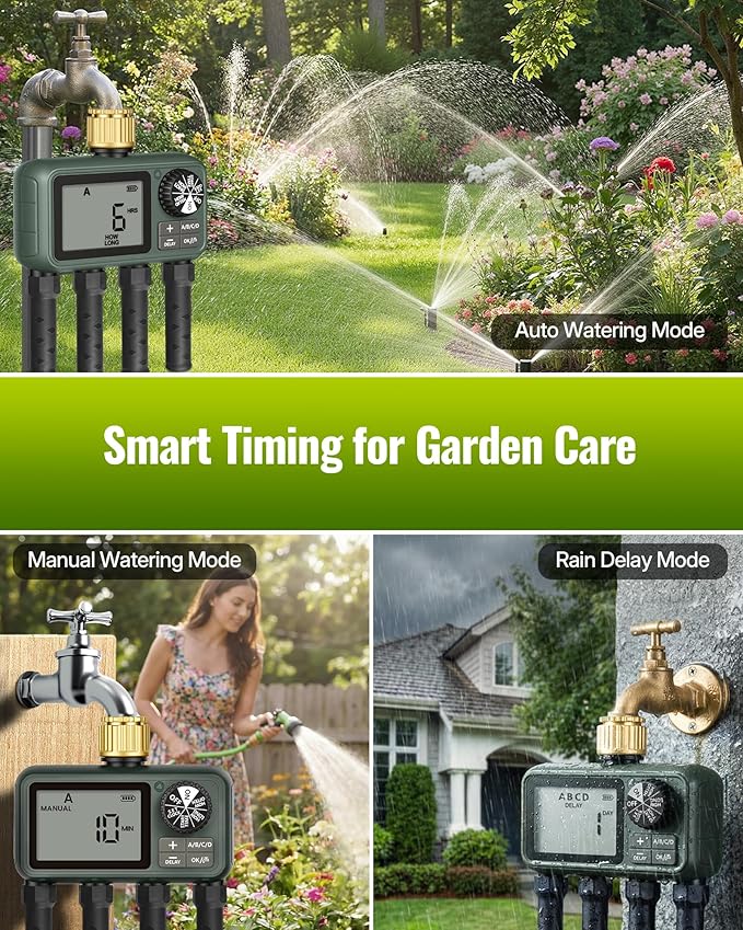 Brass Sprinkler Timer with Swivel, Programmable Water Timer for Garden Hose with Auto/Manual/Rain Delay Watering, Digital Irrigation System Kit,for Garden, Yard, Lawn 4 Outlet F14WT06