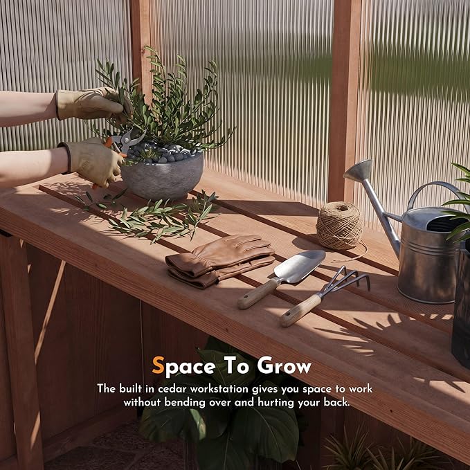 Modern Shade EverBloom 6.5'x10' Wooden Greenhouse, 8' Extra-Tall Cedar Wood Greenhouse with Built-in Outdoor Faucet Kit, Heavy Duty Greenhouse with Built-in Shelving, Power Strip & Ventilation System